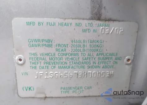 2003 Subaru Forester Xs z USA, uszkodzony, nr VIN JF1SG65673H700534